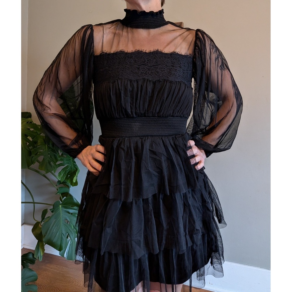 Womens Black Lace Sheer Dress Long Balloon Sleeve Small Whimsy Goth Fairy Witchy